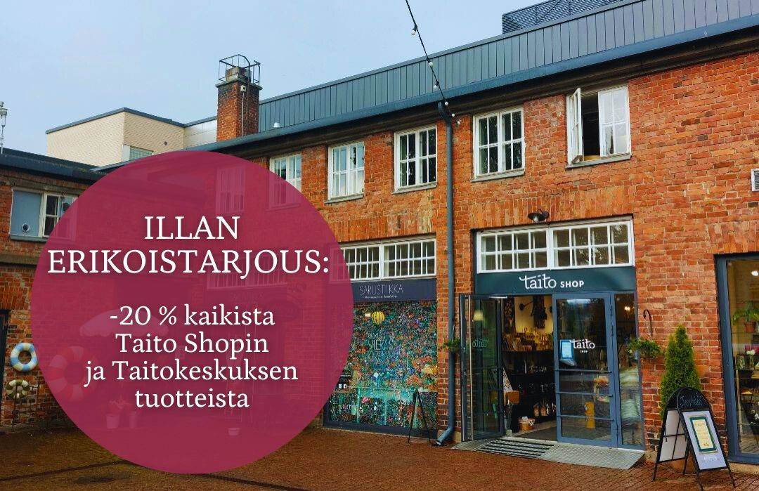 Taitokorttelin tiilitalo ja teksti, illan erikoistarjous jäsenille -20 % kaikista tuotteista