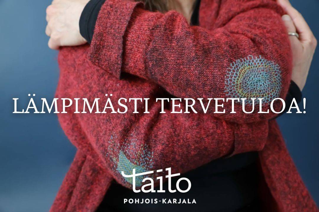 Lämmin halaus itselle -kuva villapaita päällä ja teksti Lämpimästi tervetuloa