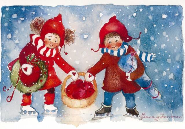 Minna Immosen jouluinen taideteos, jossa on kaksi lasta jouluisissa varusteissa luistelemassa