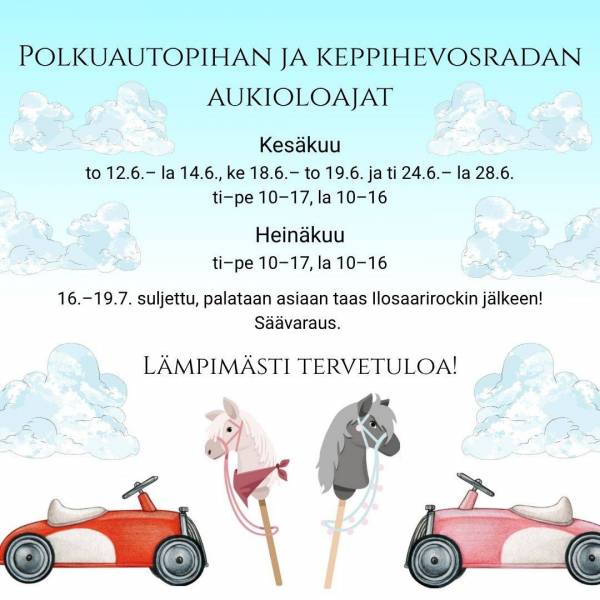 Aukioloajat: Kesäkuussa to 12.6. – la 14.6., ke 18.6. – to 19.6. ja ti 24.6. – la 28.6.  Heinäkuussa ti 1.7. – la 5.7., ti 8.7. – la 12.7.  ti 15.7. – to 17.7.  ti 22.7. – la 26.7.  ti 29.7. – la 2.8. Säävaraus. 