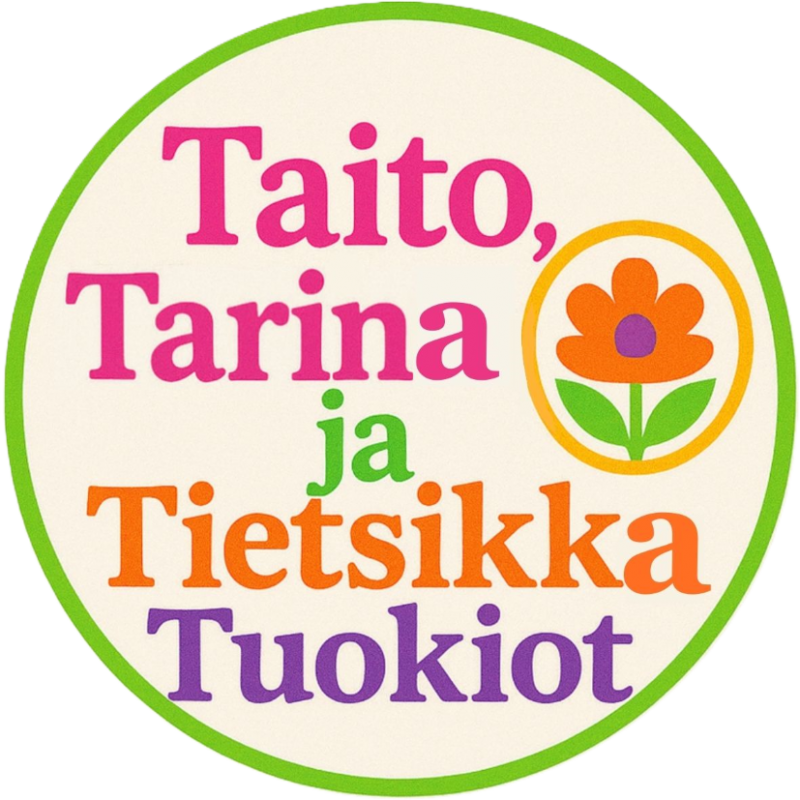 Värikäs ympyrän muotoinen logo, jossa teksti Taito, tarina ja tietsikka tuokiot ja kukka