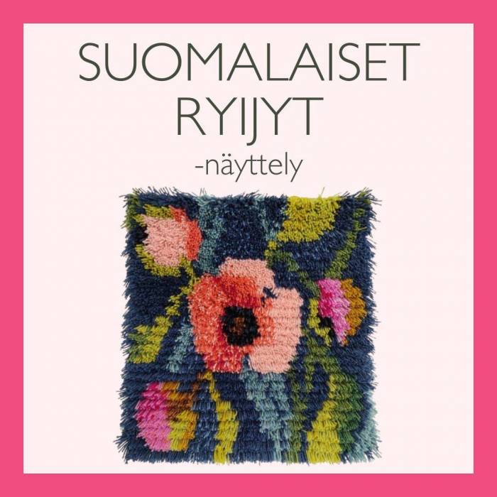 Suomalaiset ryijyt -näyttelyjuliste. Taito Pohjois-Karjala ja Taitokortteli logo, kuva kukka-aiheisesta ryijystä ja näyttelyn aukioloajat, 1.7.-30.8.2025, ma-pe 10-17 ja la 10-16.