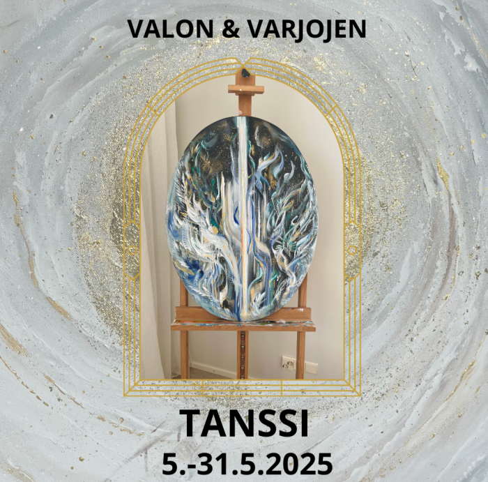 Näyttelyjuliste, jossa on harmoniseen sävyyn maalattu abstrakti taideteos